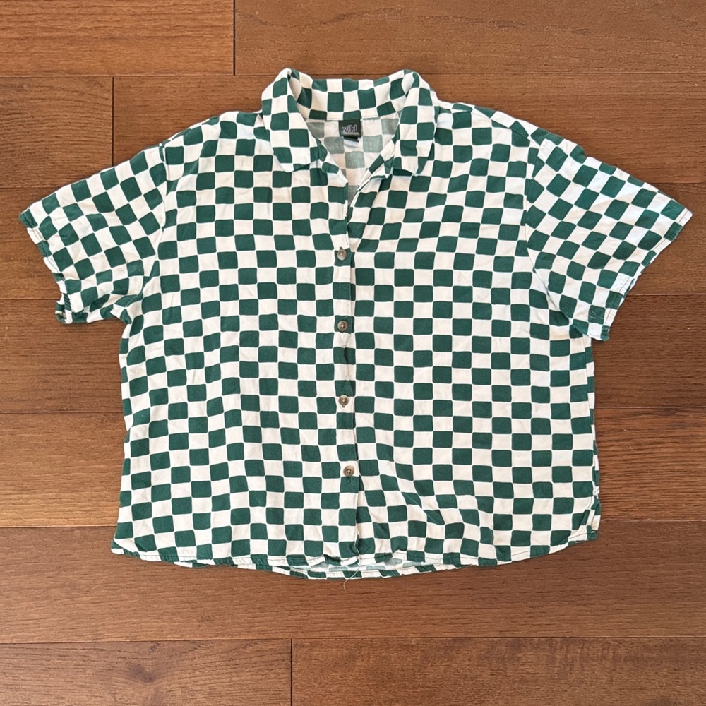 wild fable Green & White Checkerboard Short-Sleeve Button Shirt
